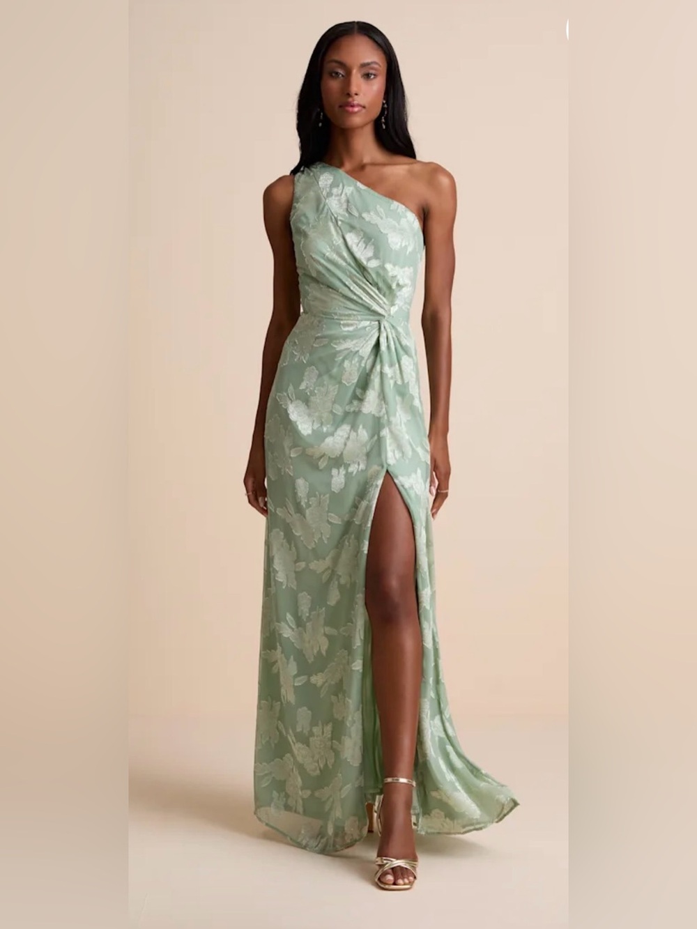 Lulus Renni Sage Green Floral Jacquard One Shoulder Maxi Dress L NWT